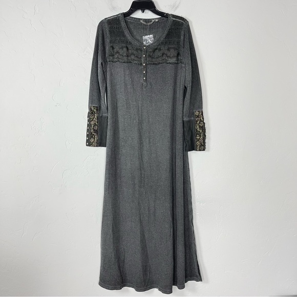 Soft Surroundings Dress Maxi Waffle Knit Henley Gray Floral‎ Metallic Knit Zalia - Picture 1 of 13